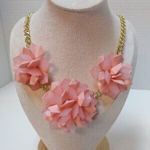 Gold Tone Light Pink Flower Necklace Spring Time Floral Acrylic